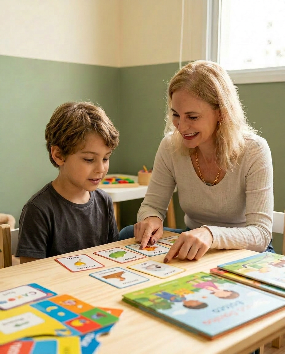 Psicopedagoga em sessão acolhedora com criança usando materiais bilíngues
